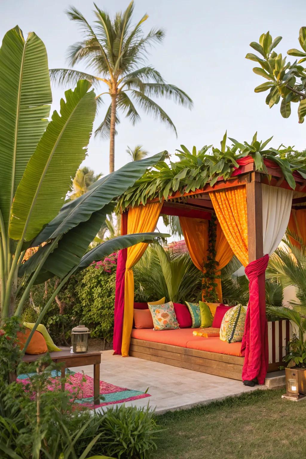 A tropical cabana showcased through dynamic colors and opulent greenery.