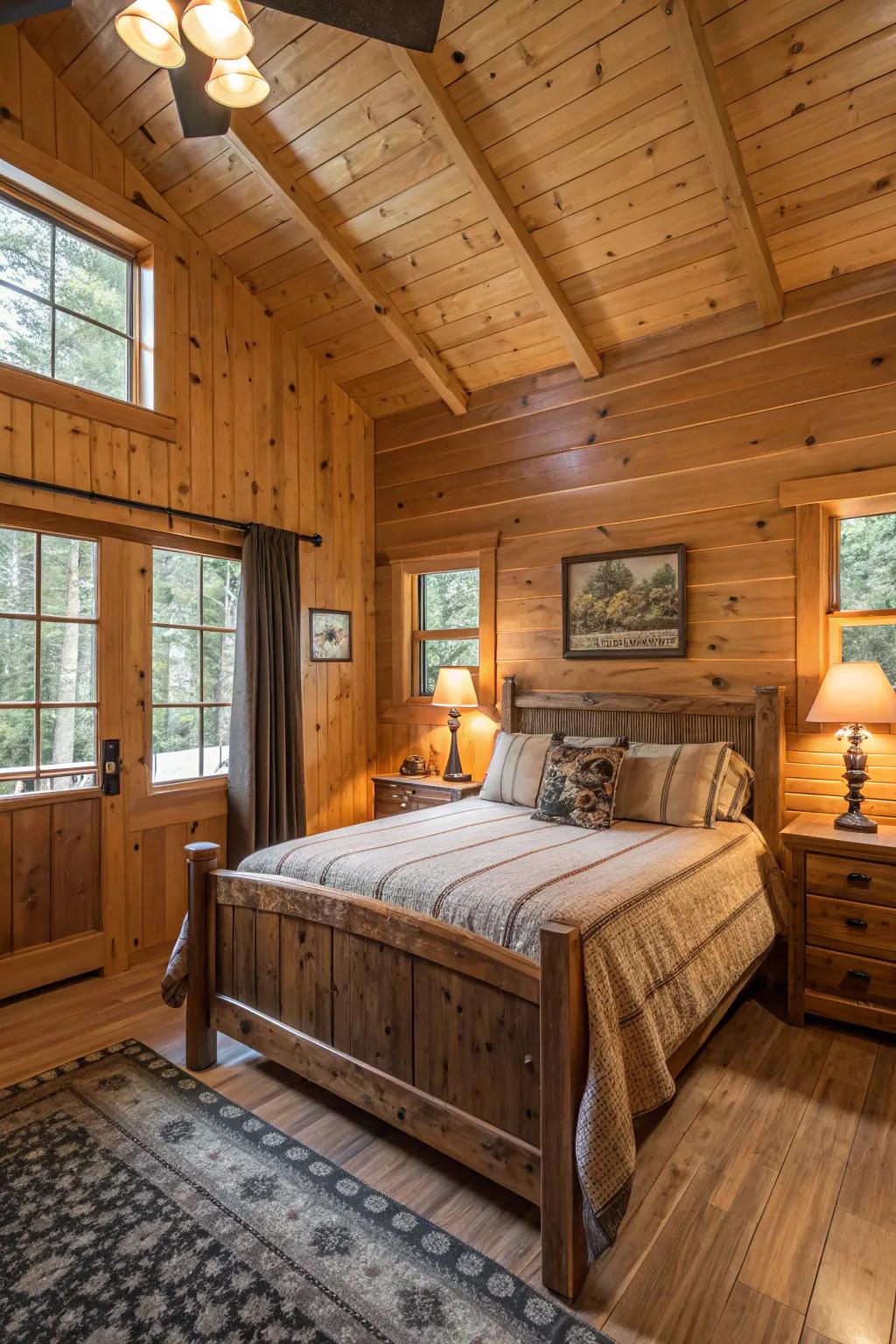 A cabin bedroom showcasing wood-paneled walls and wooden furnishings enhanced by gentle lighting.