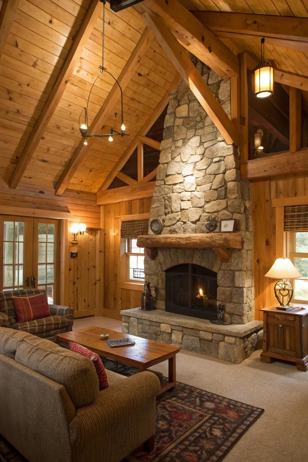 Cozy cabin interior featuring wood and stone elements