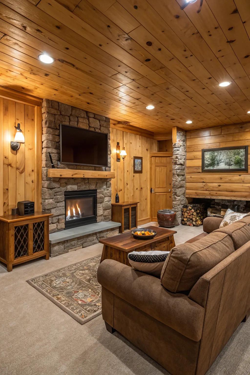 Natural materials cultivate a snug and welcoming game room atmosphere.