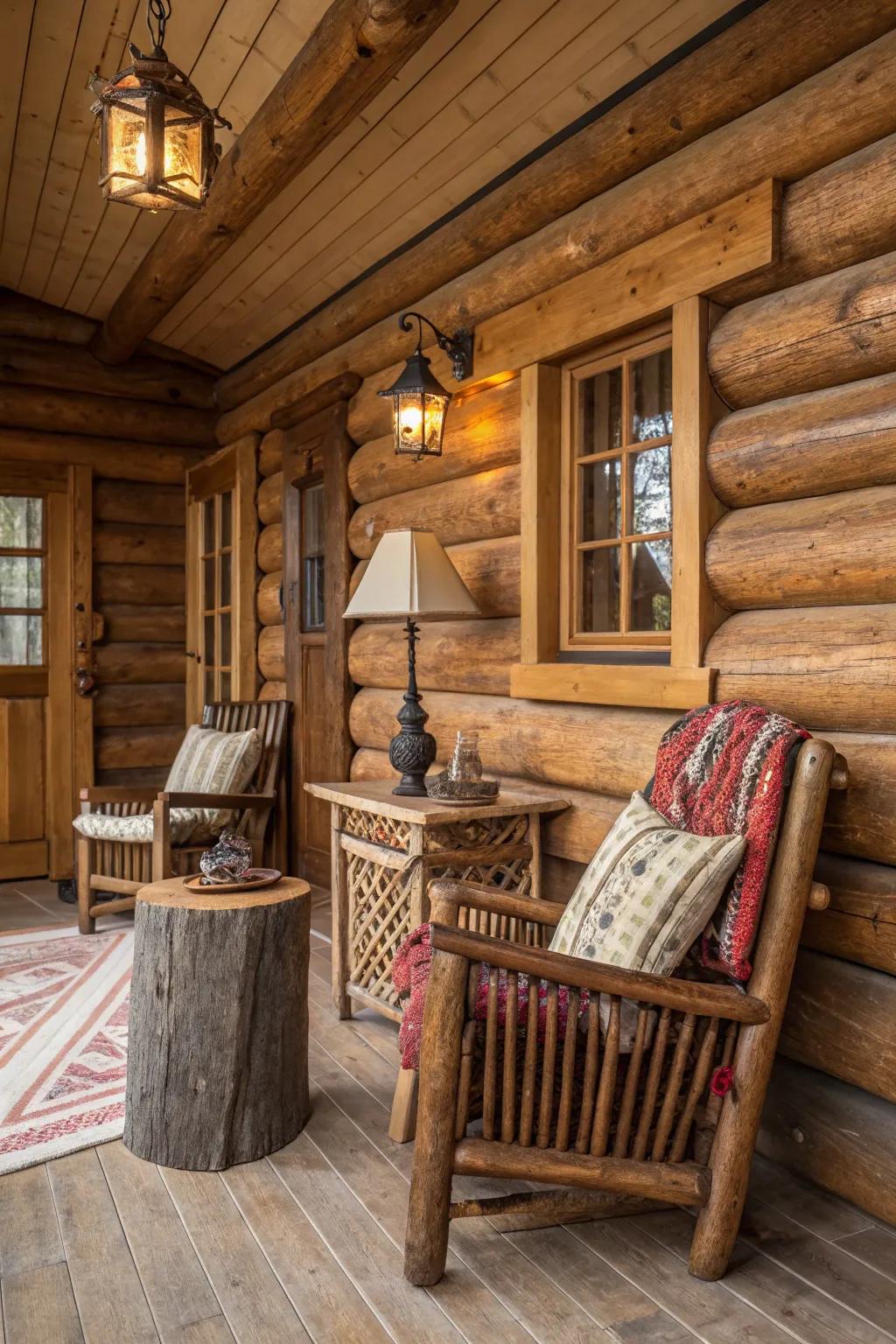 A cabin showcases lovely wooden details and authentic textures.