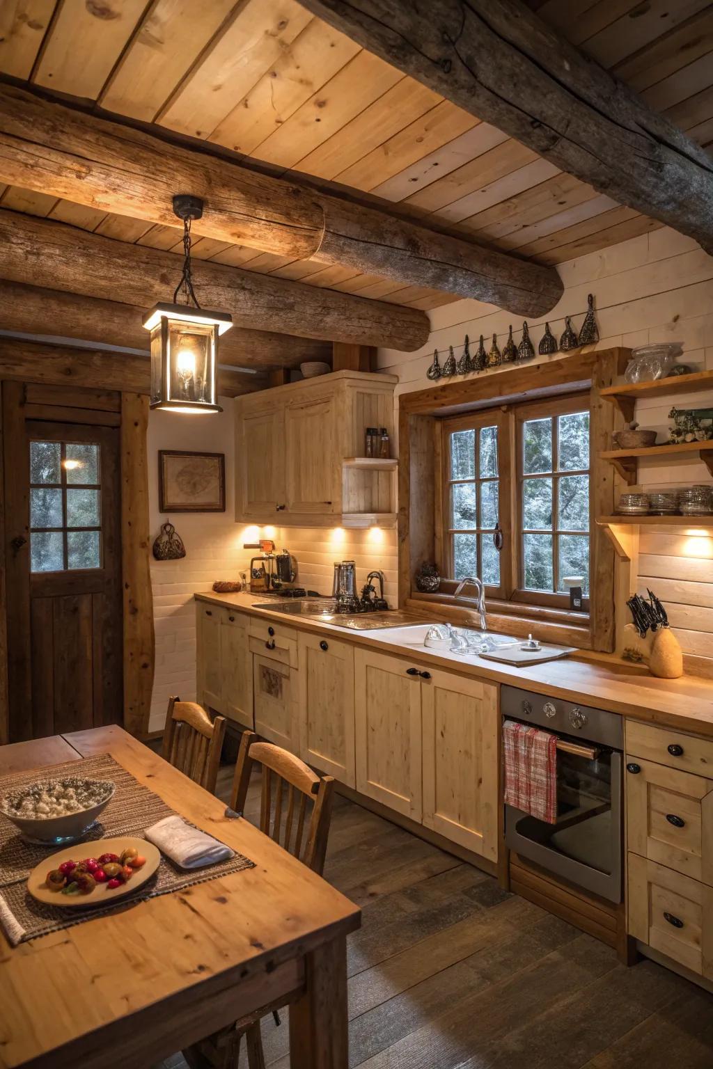 Natural wood tones create a cozy and inviting cabin kitchen atmosphere.