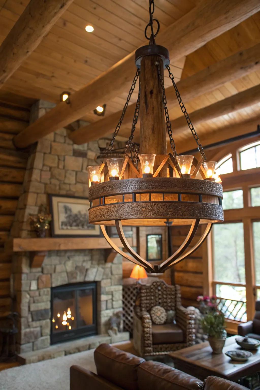 A rustic chandelier contributing elegance and warmth to a cabin's living space.
