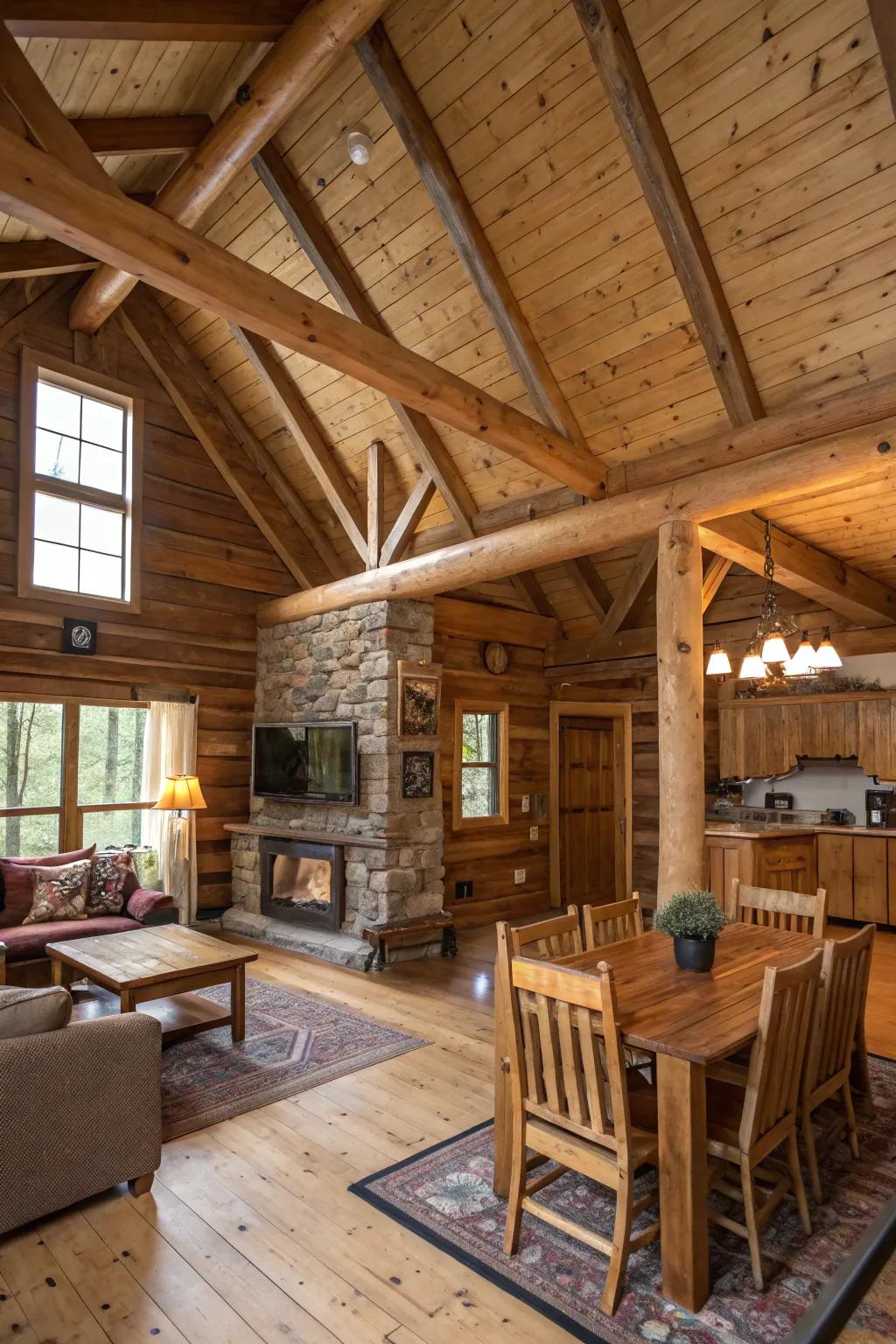 A cozy cabin living area showcasing striking exposed wooden beams.