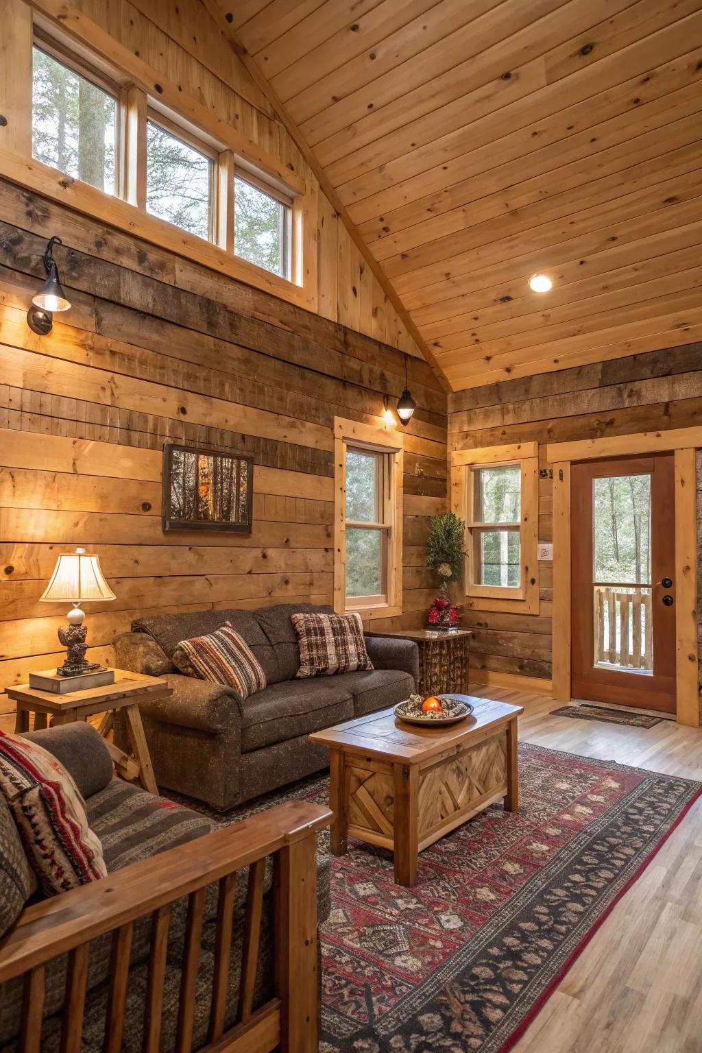 Country recovered lumber panels producing heat in a cabin.