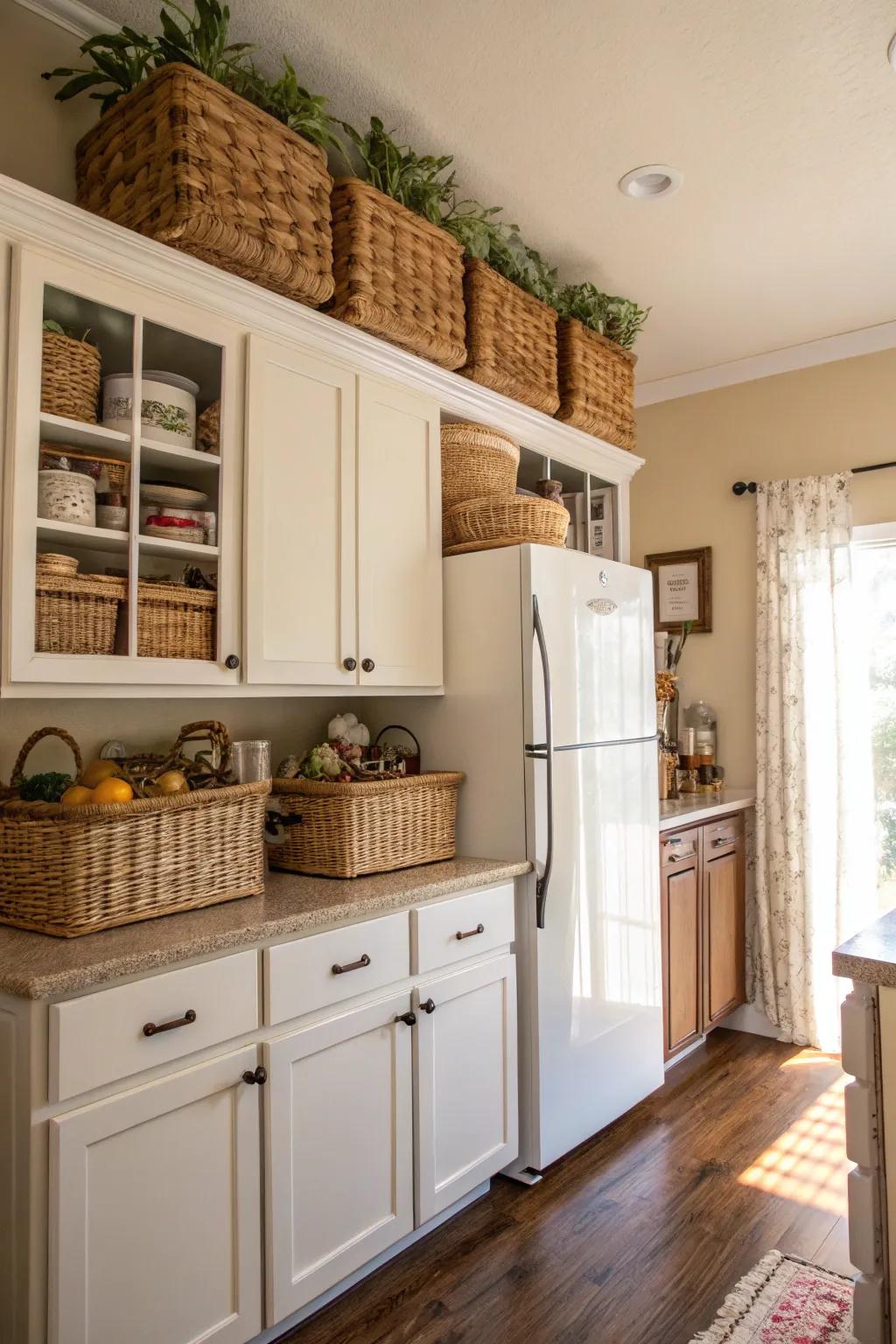 Wicker baskets introduce charm and practicality to the space above the fridge.