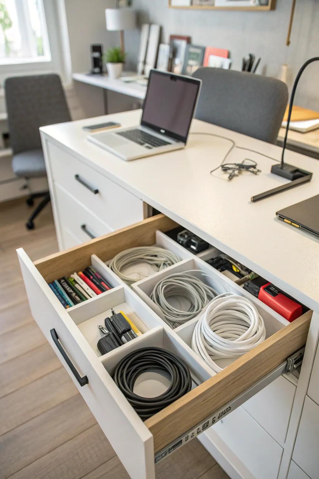 Cables neatly arranged using drawer dividers.