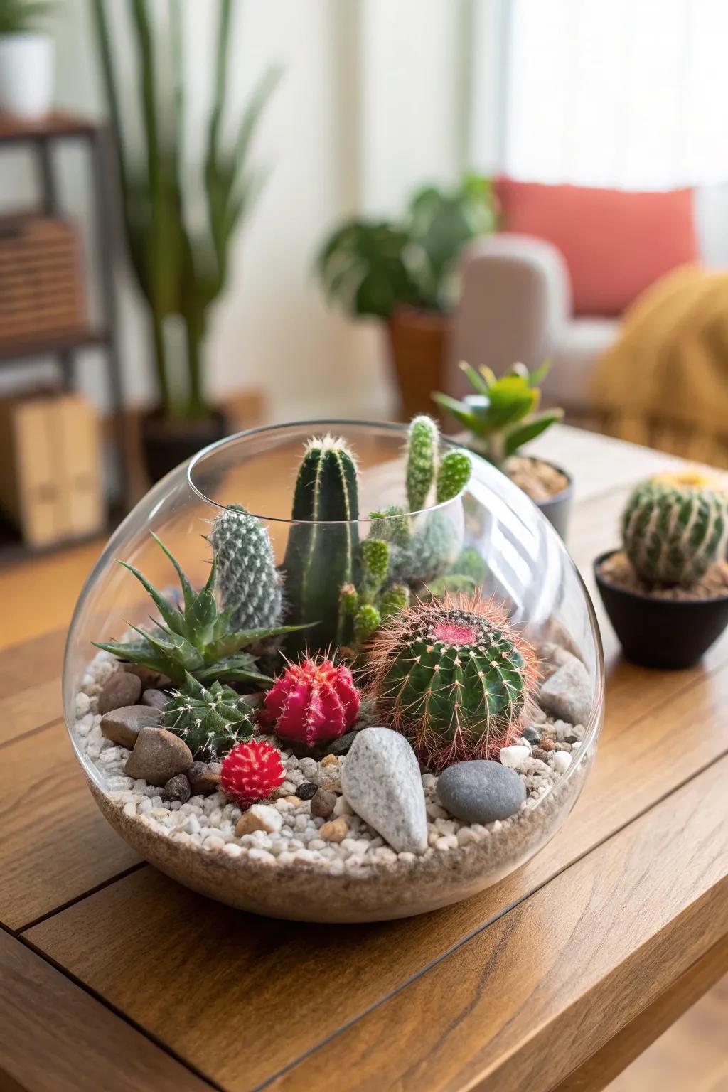 A chic glass terrarium filled with cacti creates a mini landscape.