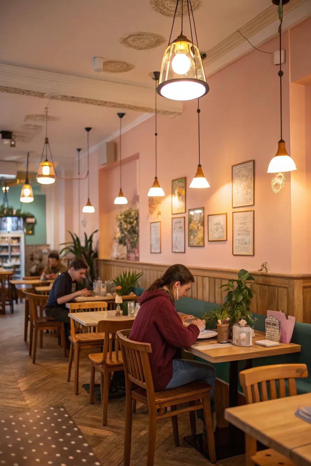 Ambient lights in a home cafe generates an inviting and cozy setting.