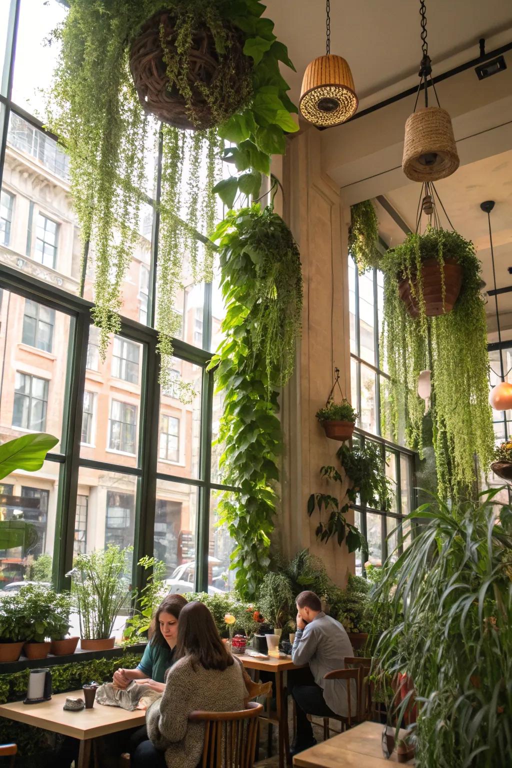 A cafe marrying nature with relaxation through abundant greenery.