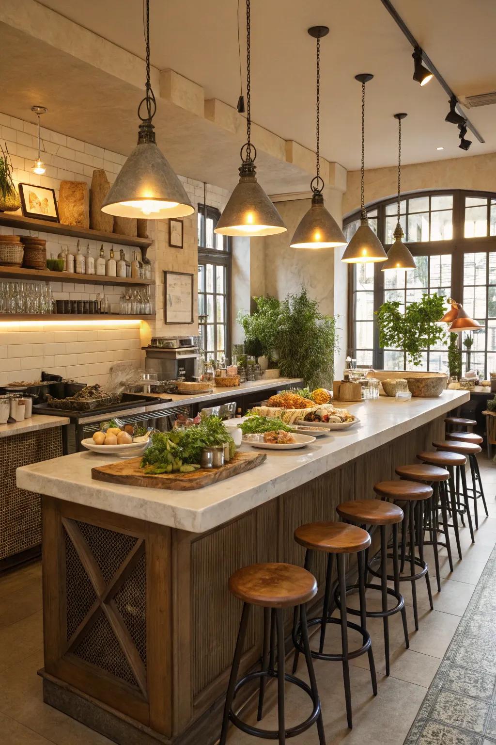 A cafe kitchen featuring an inviting island, ideal for gatherings.