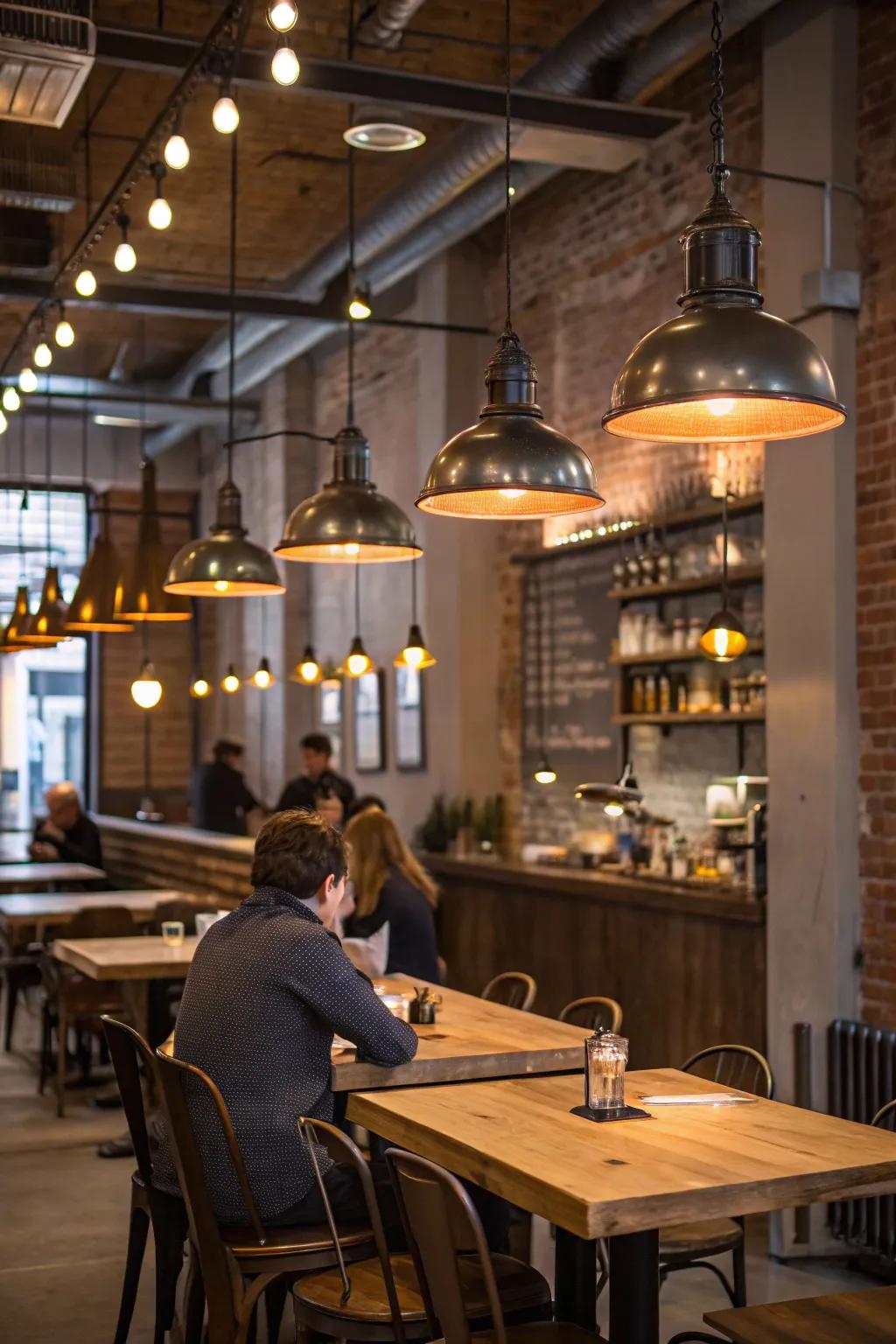 Factory-style overhead illumination gently brightening wooden tables in a snug cafe.