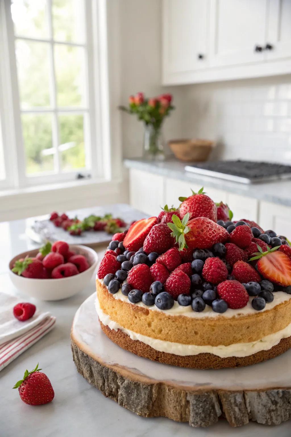 A berry burst cake overflowing with vibrant hues and delightful flavors.