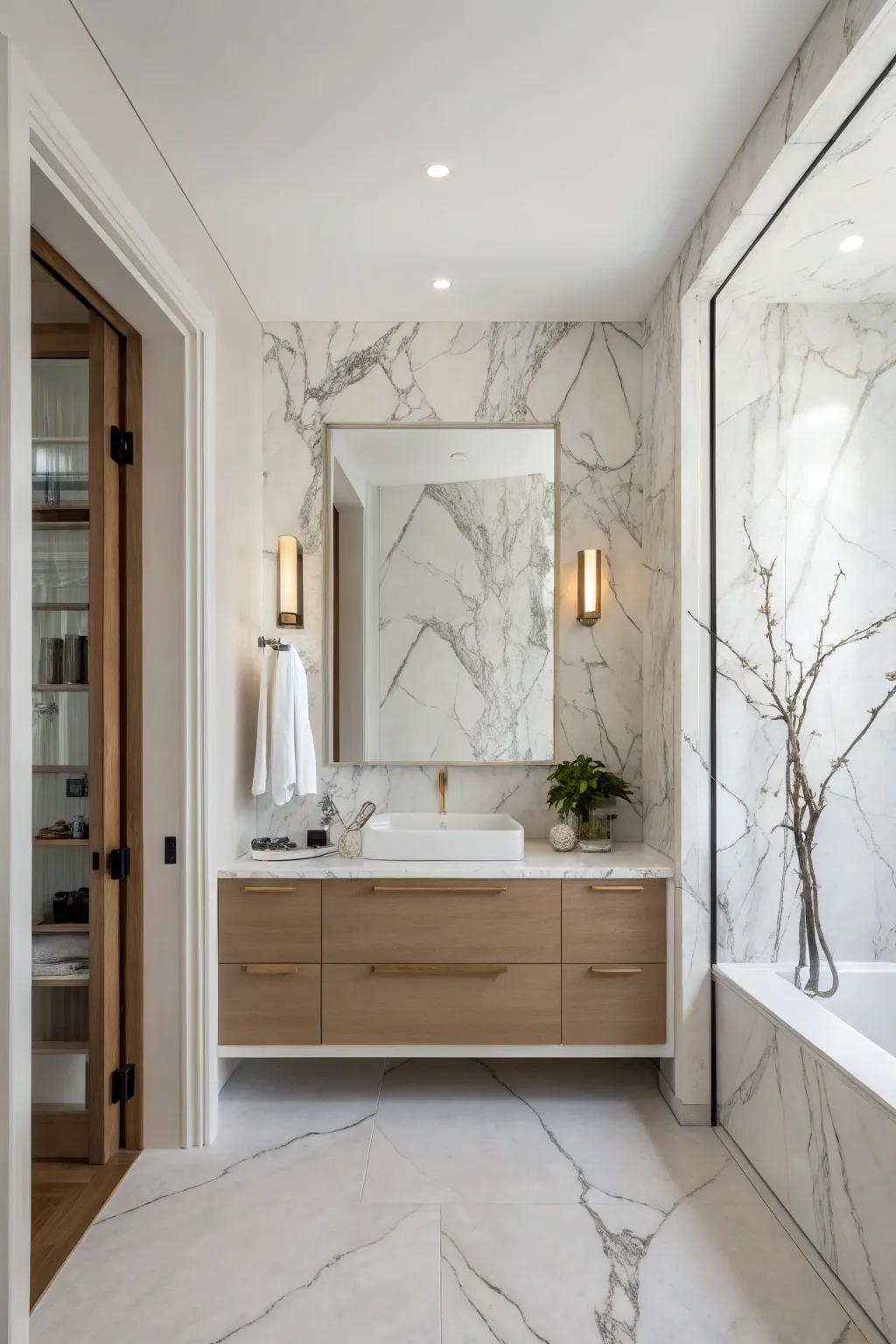 A bathroom showcasing a striking Ivory Coast marble highlight partition crafting an elegant point of interest.