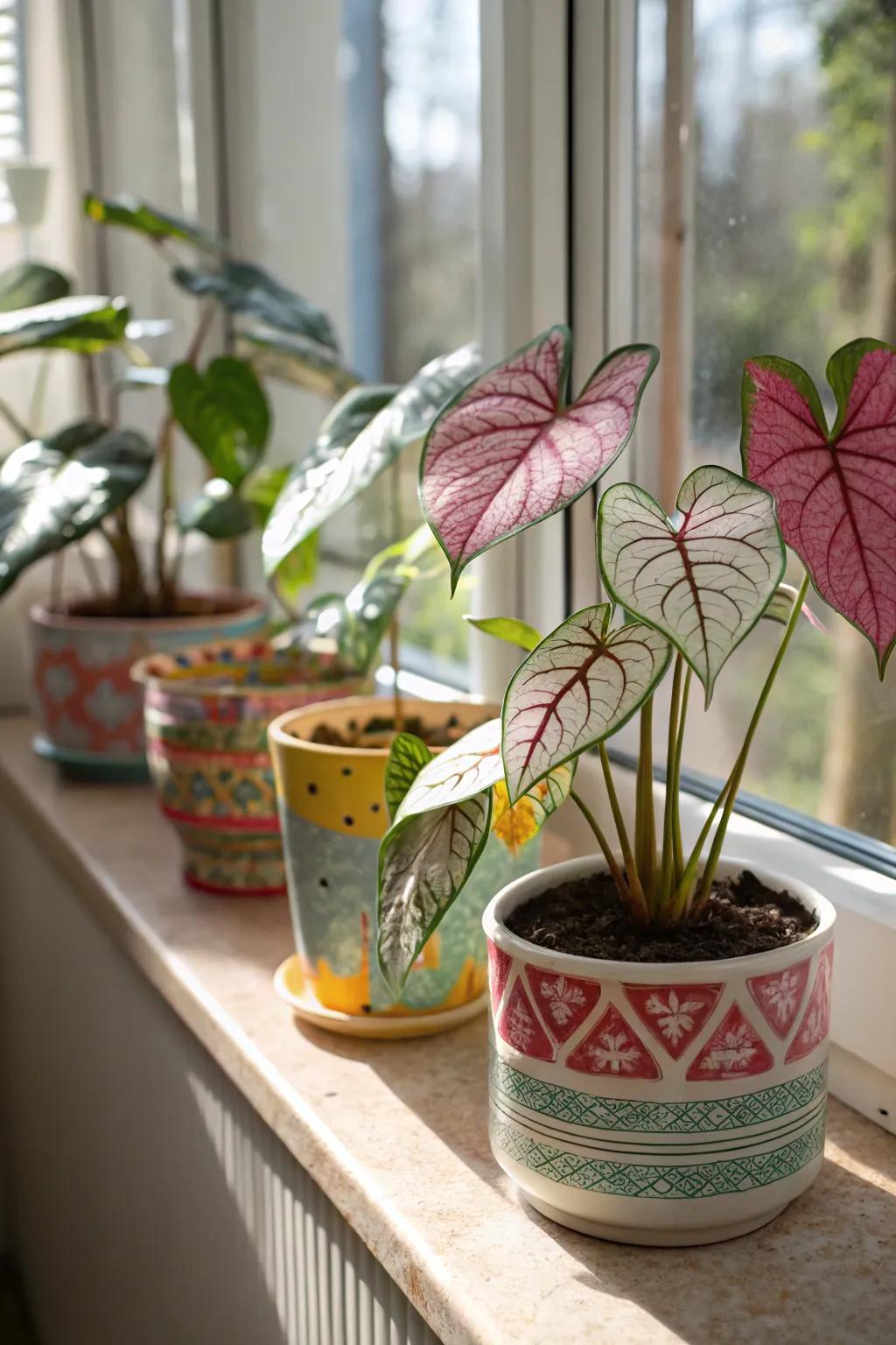 Caladiums nestled in vibrant holders introduce a lively element to any setting.