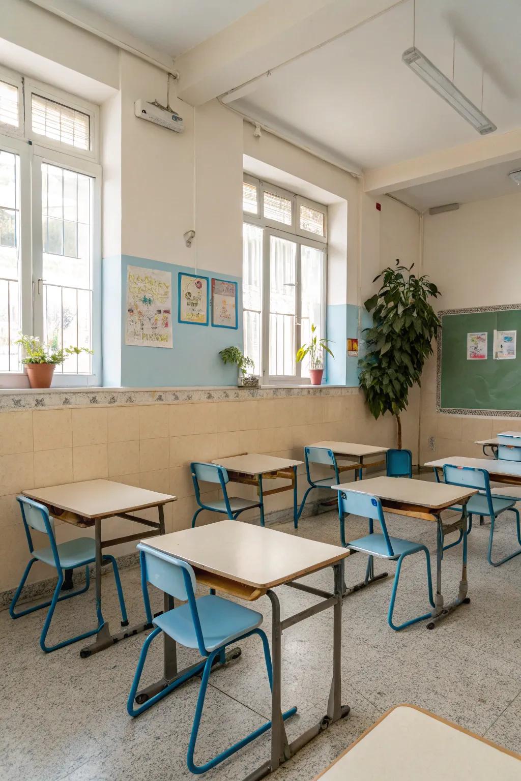 A classroom adorned in soft, neutral colors that promote tranquility.