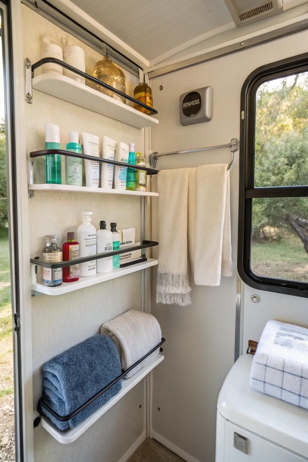 Wall-mounted storage taking advantage of camper bathroom space.