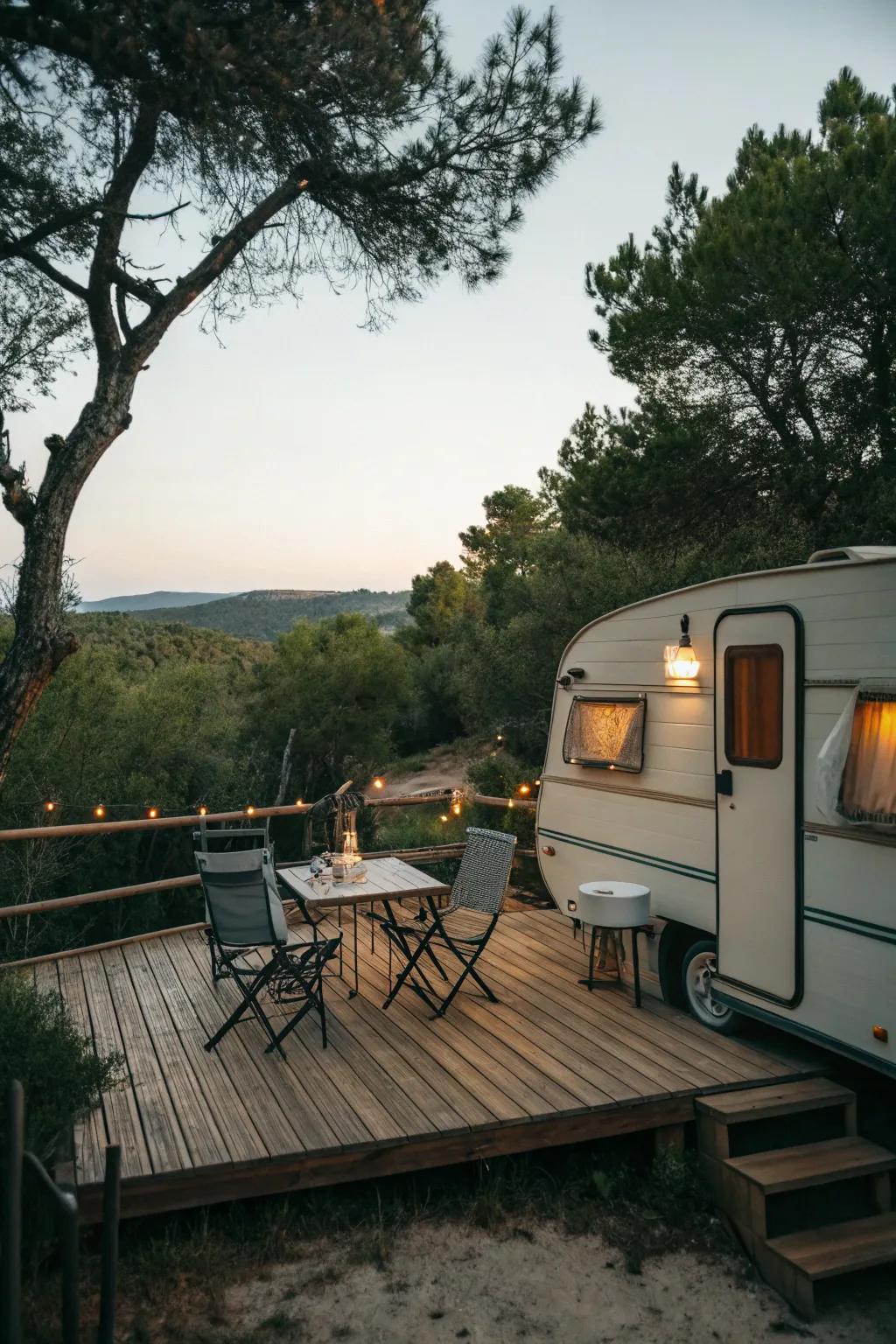 A natural wood platform providing charm to a camper nestled in the forest.