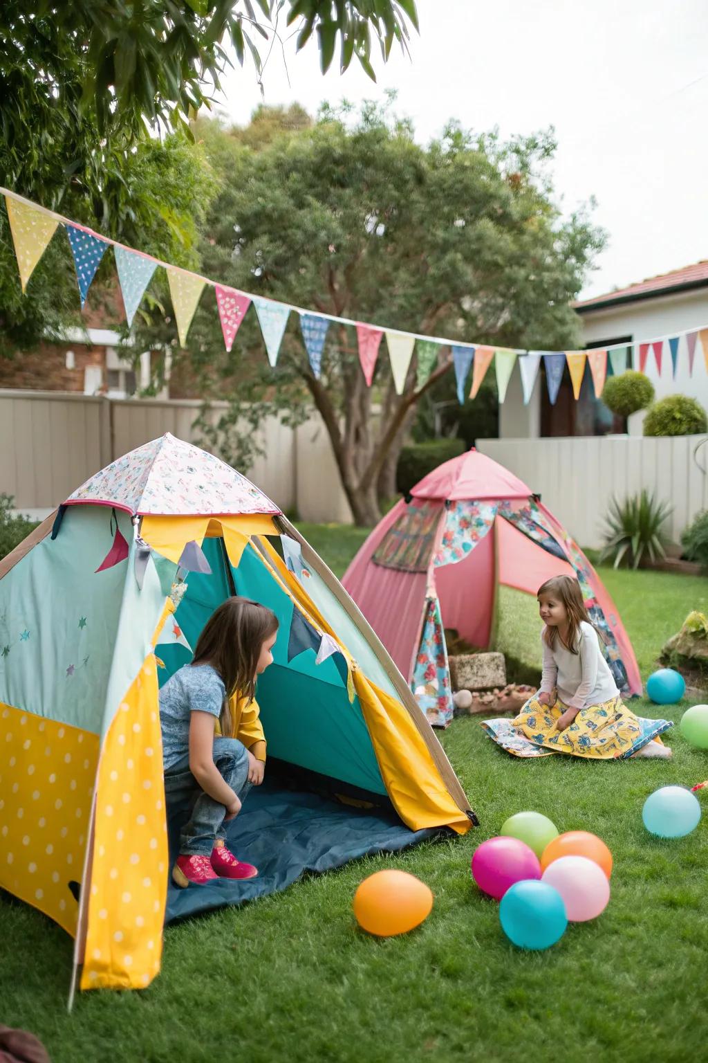 Mini tents adding charm and excitement to the camping birthday party.