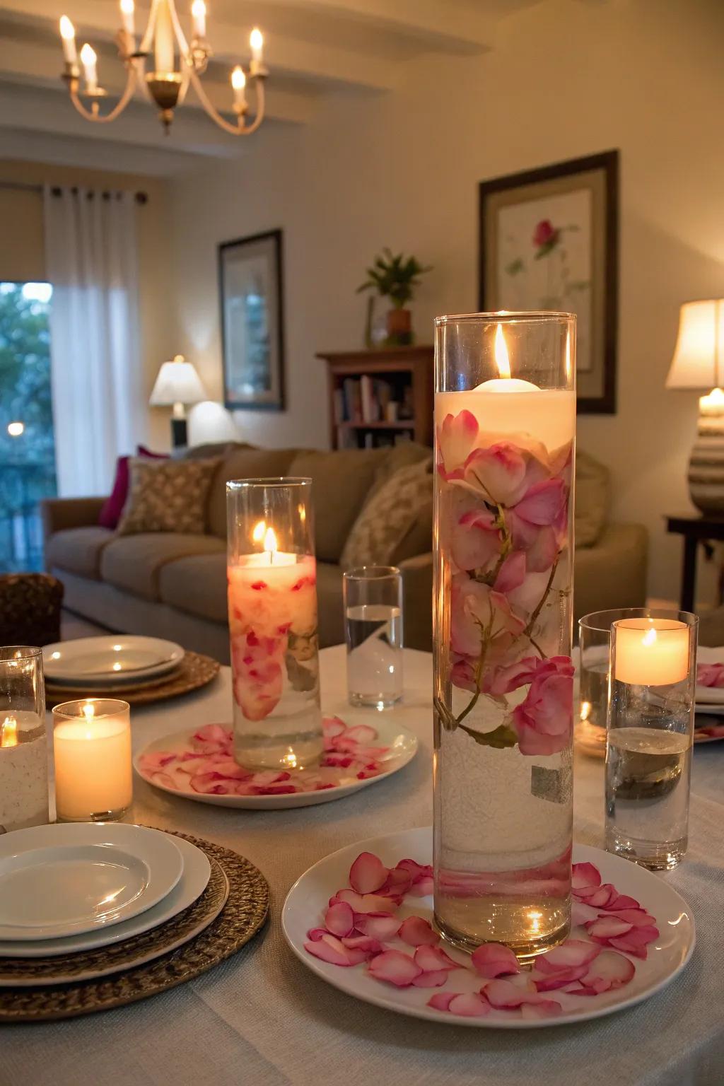 A simple, yet classy centerpiece with floating candles and flower petals.