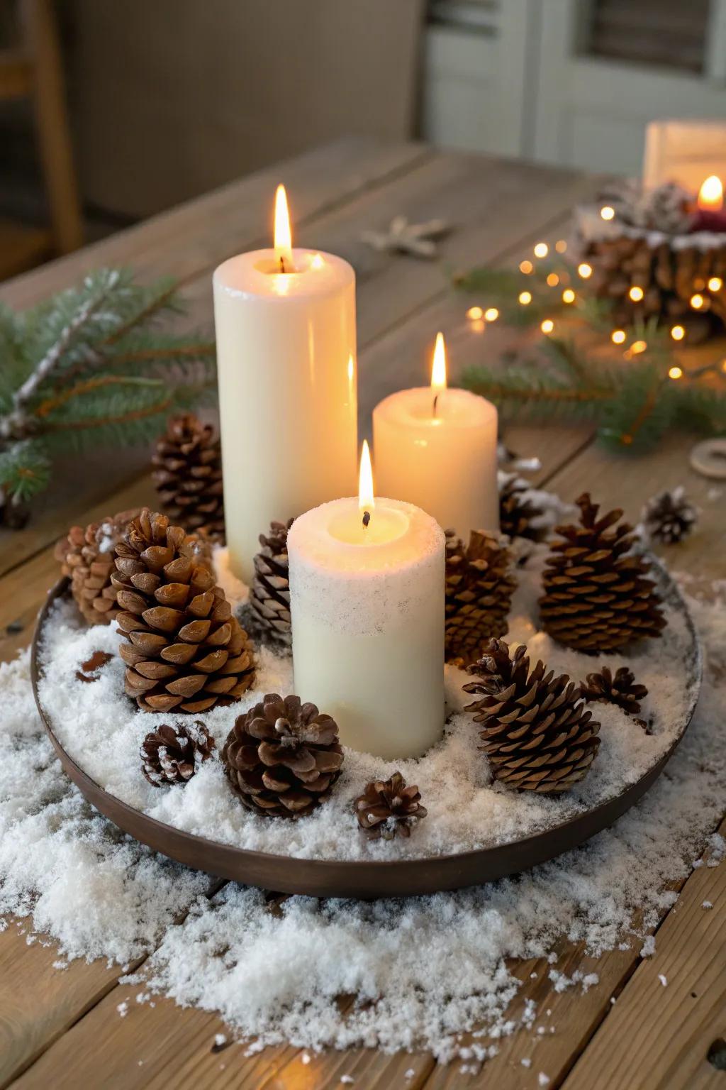 A festive display of candles and pinecones radiates rustic holiday charm.