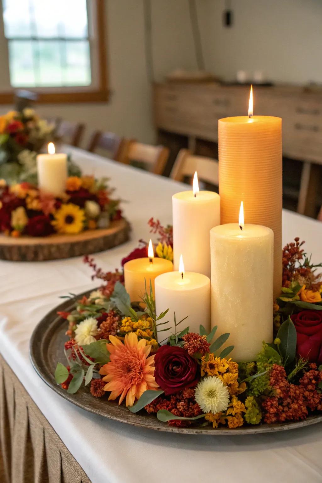 A tiered presentation of tall candles complemented by seasonal flowers.