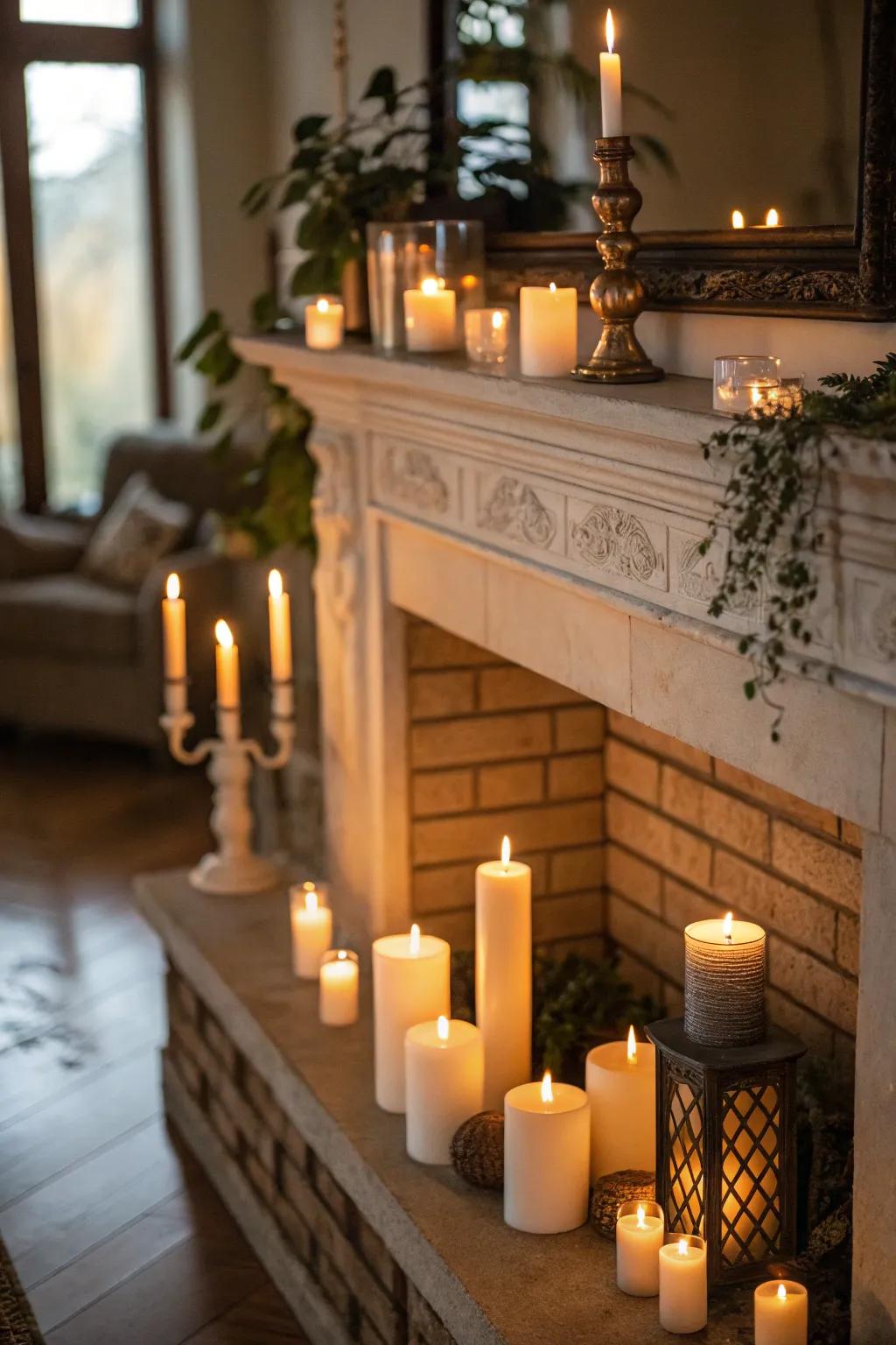 Candles of different heights arranged to add depth and interest to the fireplace.