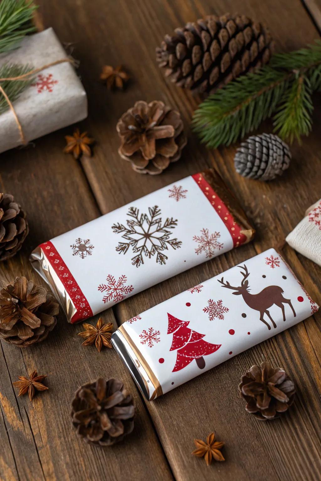 Sweets boasting personalized joyful wraps, primed to disseminate holiday happiness.