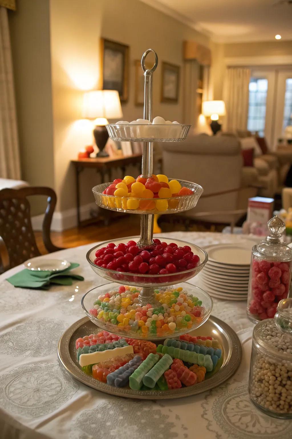 An elevated candy display adding refinement to any setting.