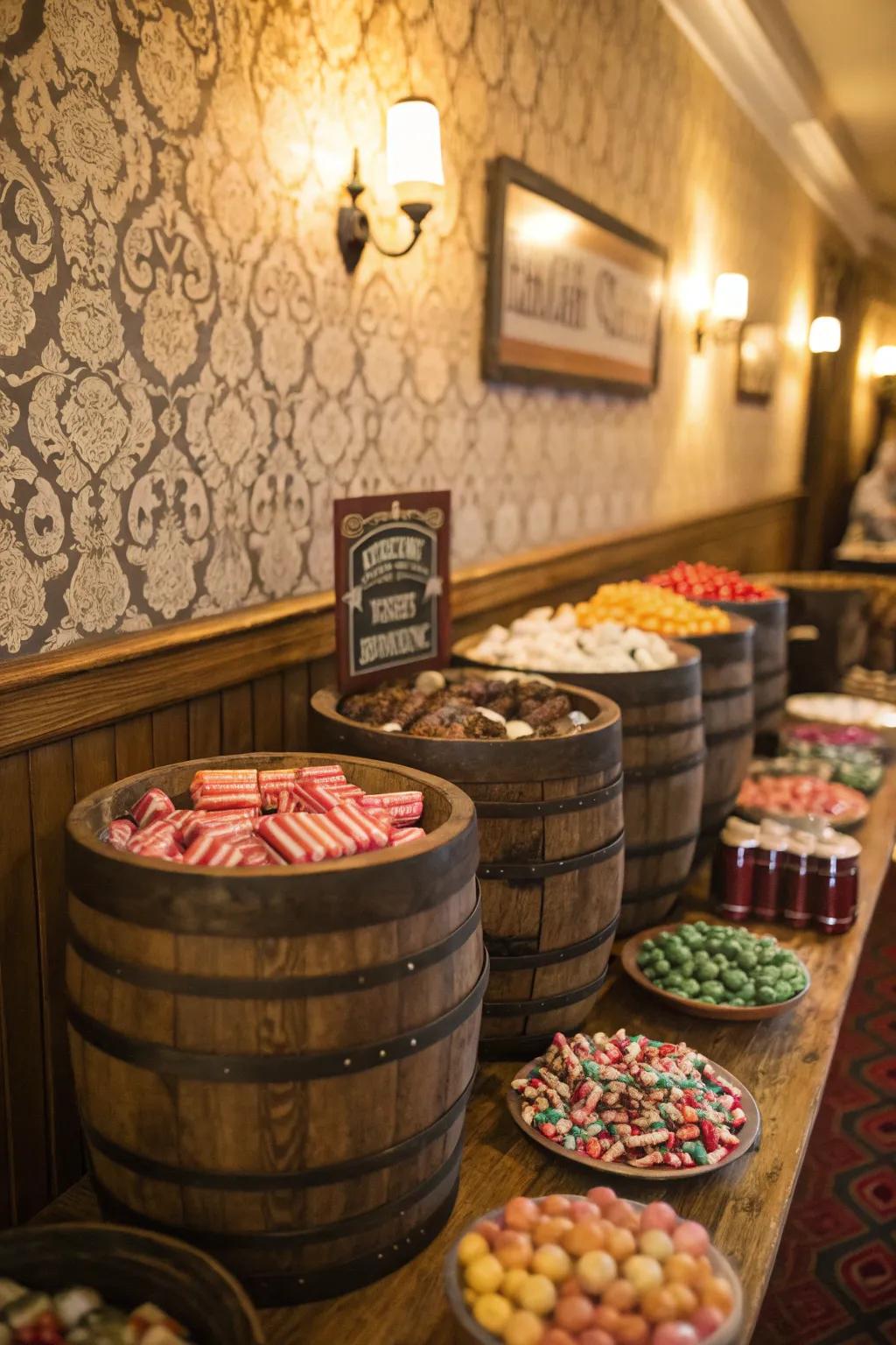 A nostalgic candy bar featuring classic sweets arranged in charming metal containers.