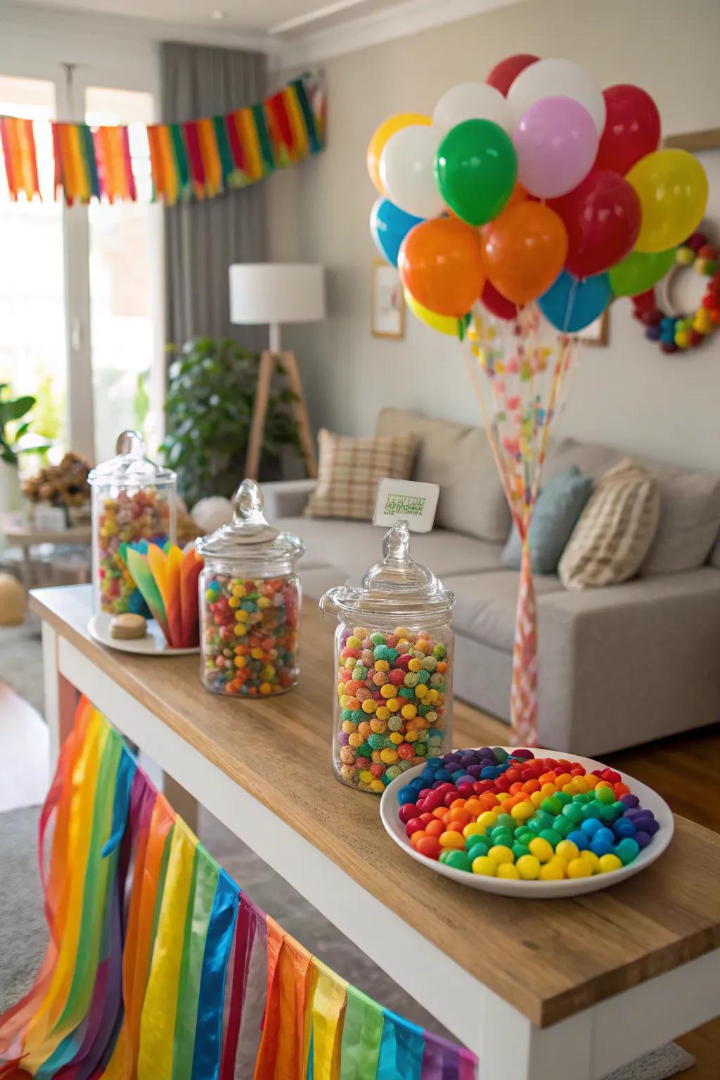 A rainbow candy buffet with delicious vibrant treats.