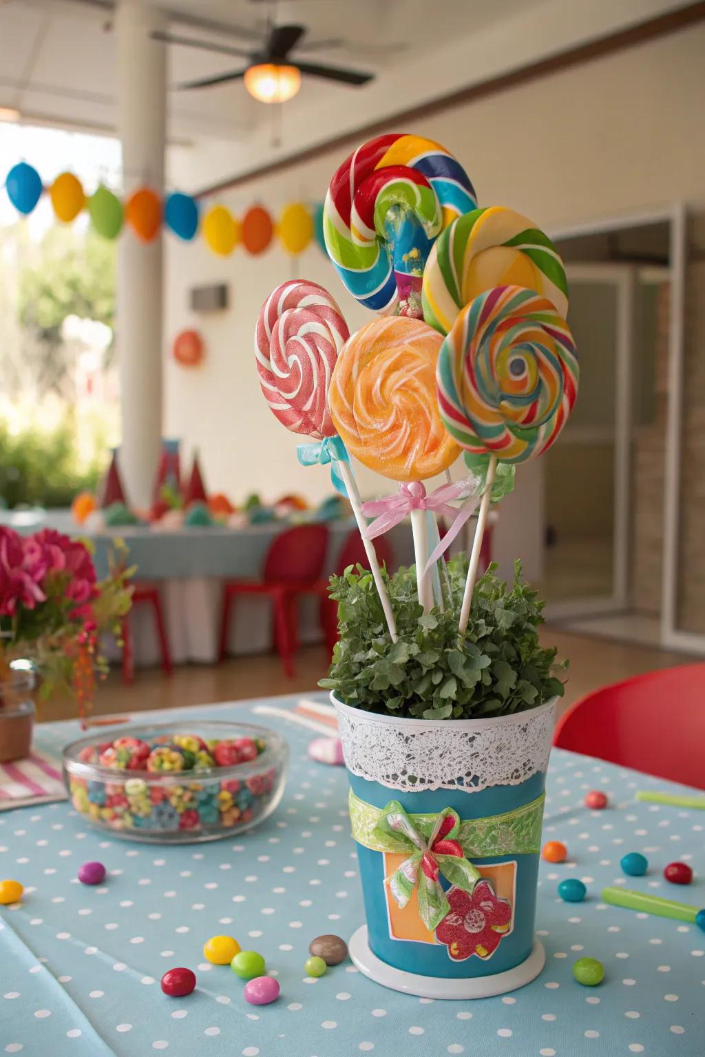 Giant sweet sticks in a decorative pot make for an impressive centerpiece.