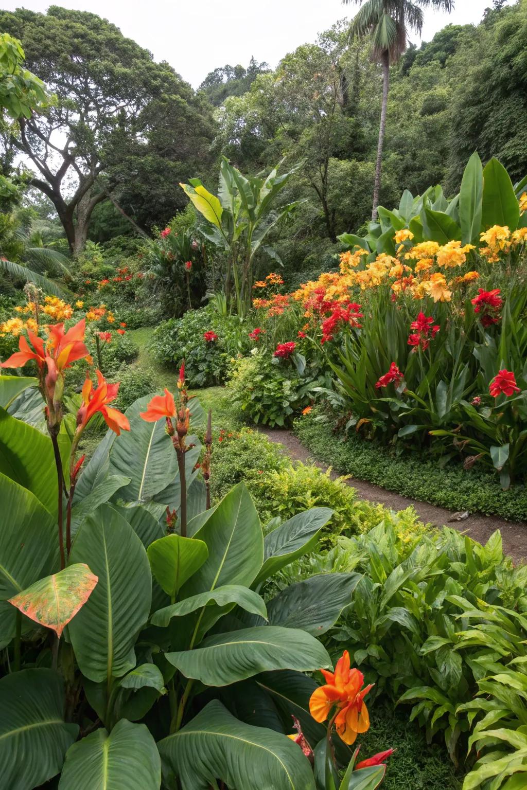 A backyard retreat filled with tropical plants, including canna lilies.