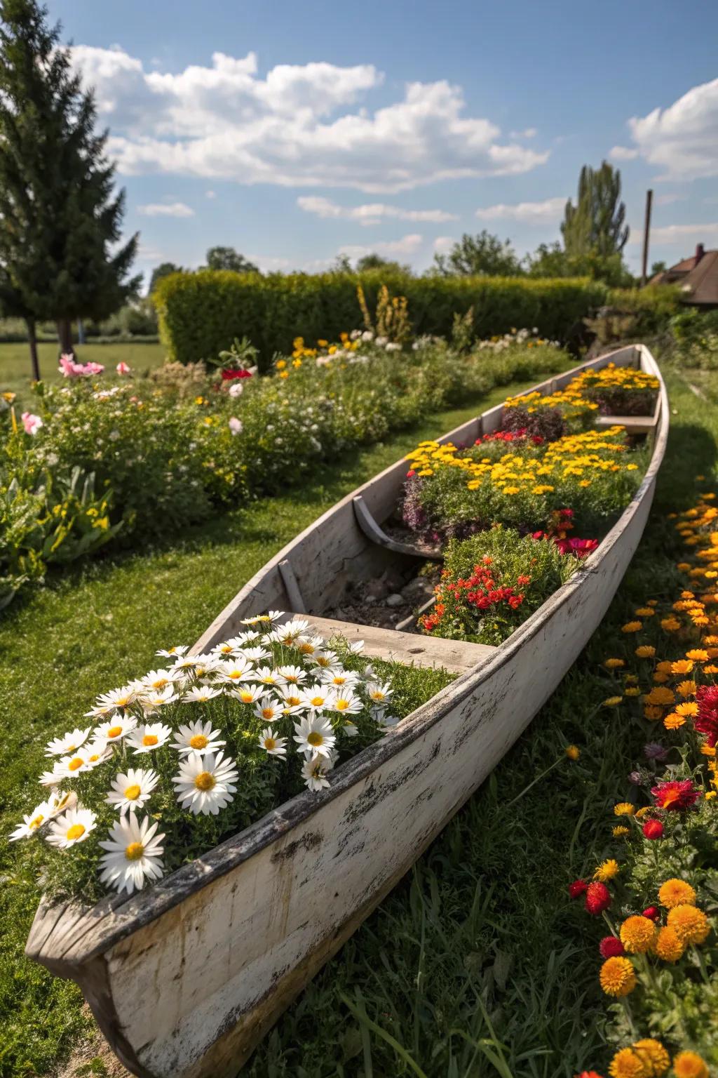 A canoe planter bursting with radiant flowers, enlivening the garden.