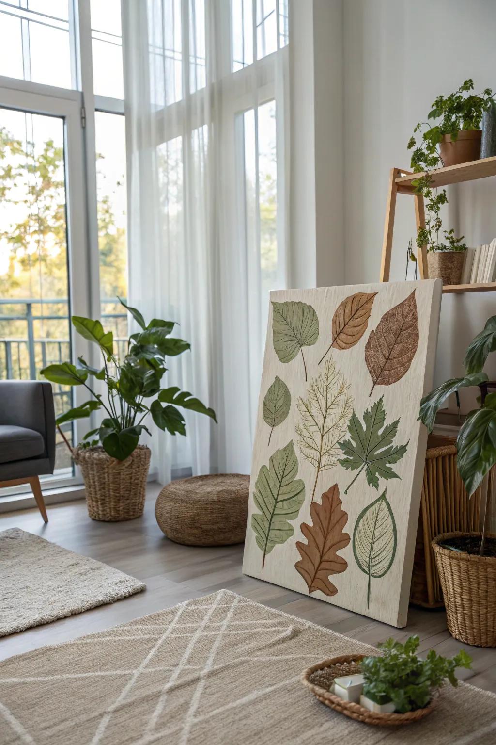 Leaf impressions art in a modern living room