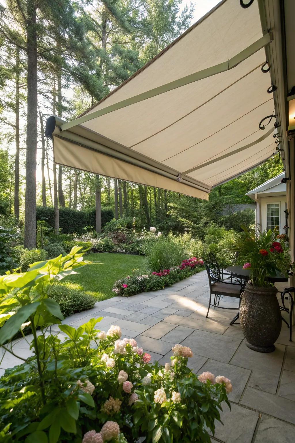 Adjustable fabric awnings provide adaptable shading for sunny days.