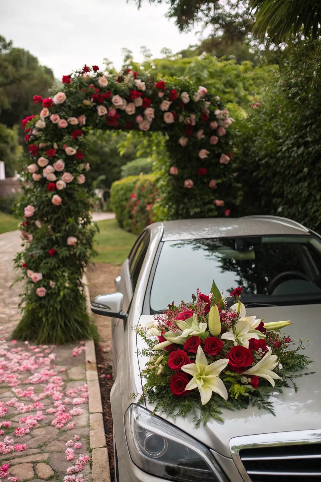 A gorgeous floral display gives the wedding car's hood a touch of class.