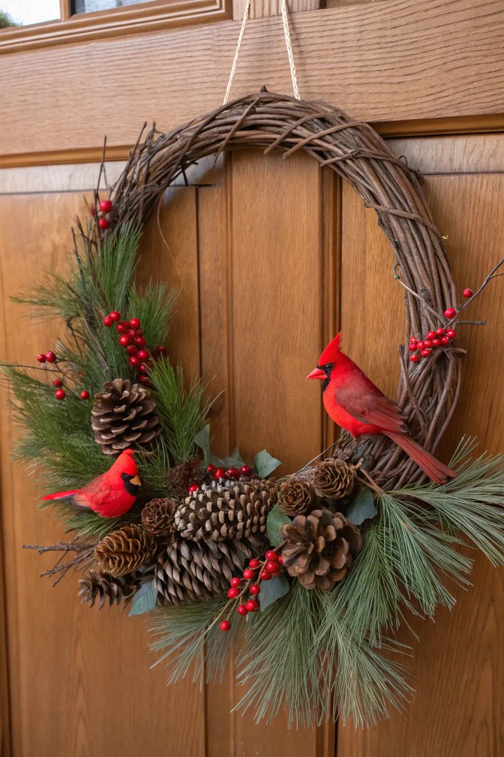 A traditional cardinal wreath with rustic charm.