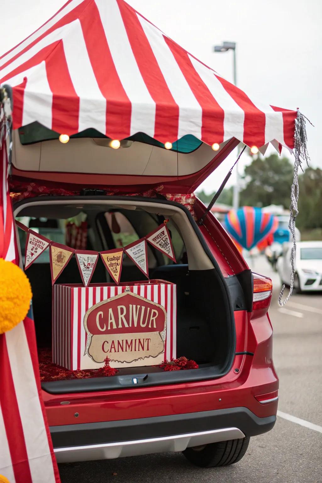 A car trunk converted into a traditional circus tent with vibrant red and white stripes.
