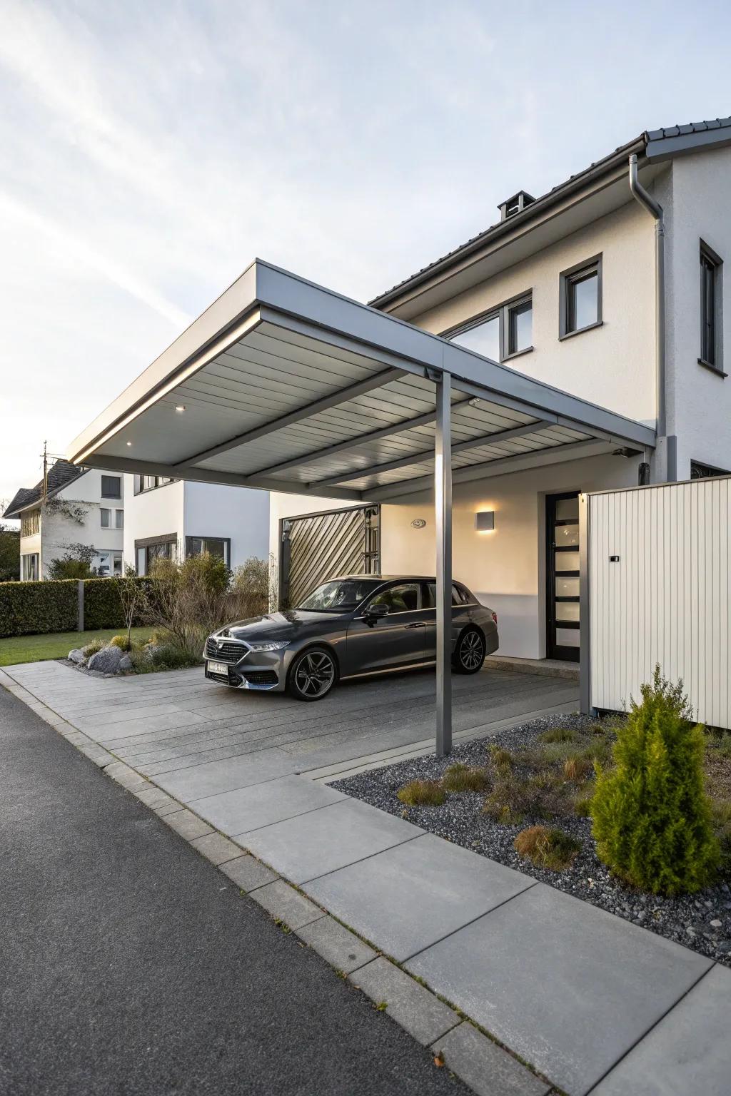 A minimalist carport featuring elegant metallic components.
