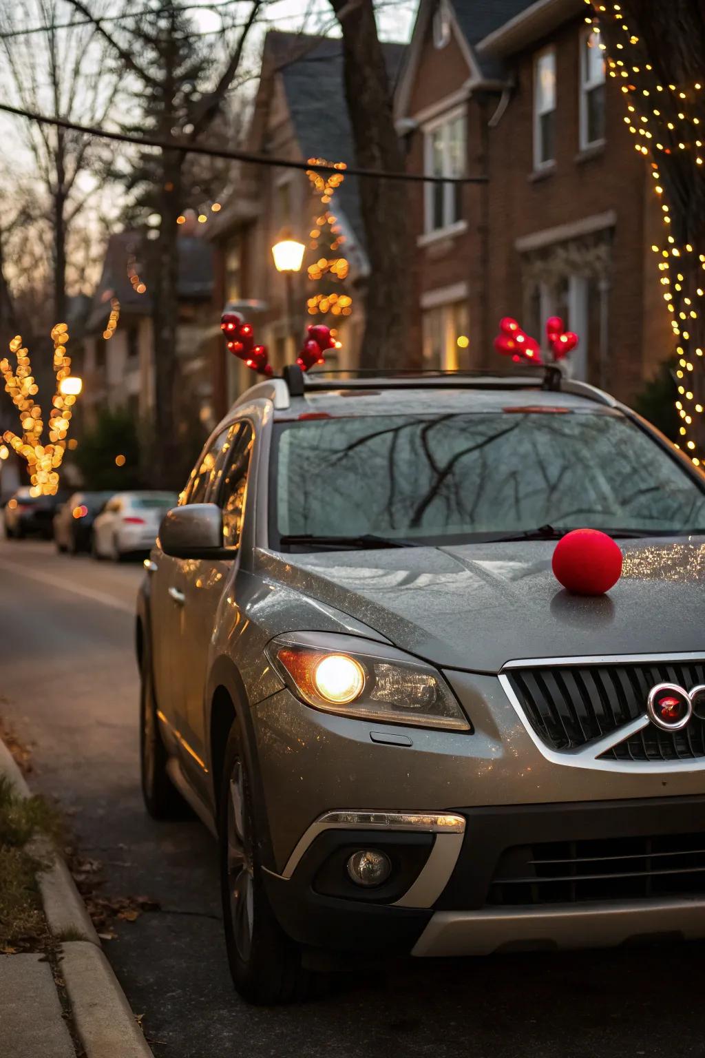 A car transformed into a reindeer, all set to guide Santa's sleigh.