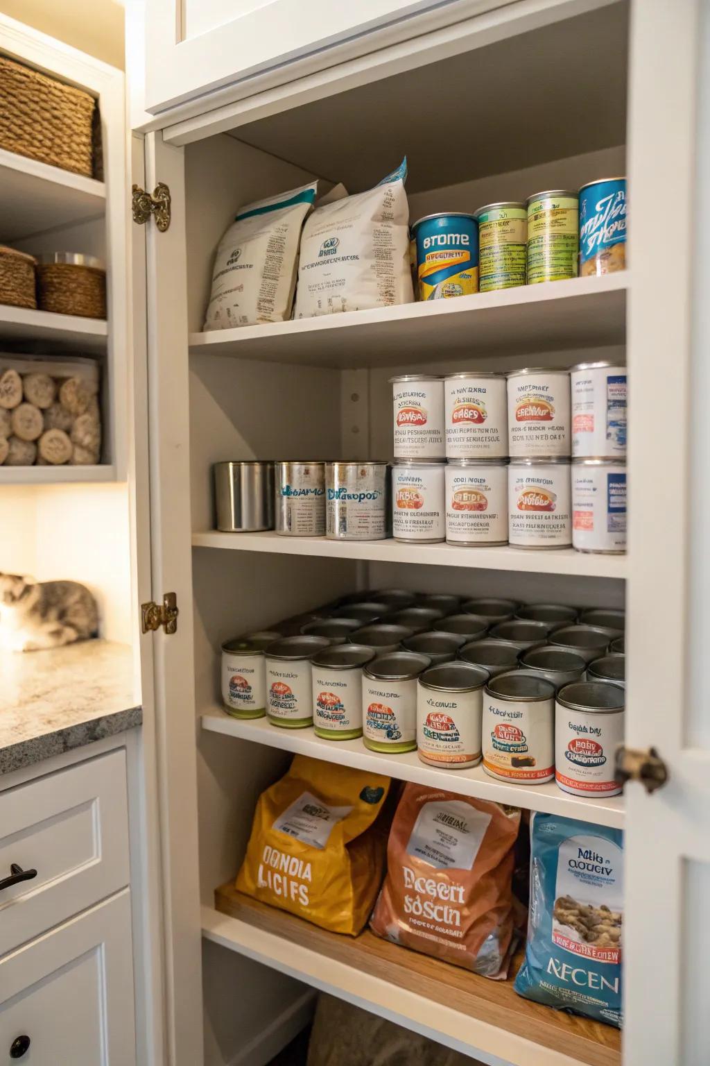 A precisely arranged kitchen cabinet designated for the purpose of keeping cat food.