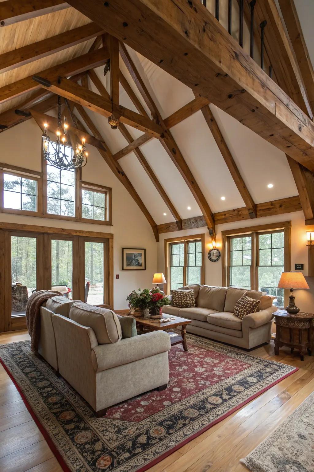 Uncovered beams impart a country-style charm to this inviting living space.