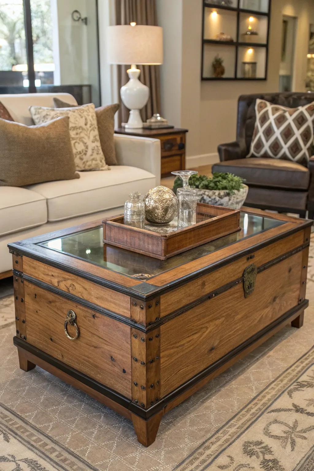 Change your antique storage chest into a sophisticated center table display.