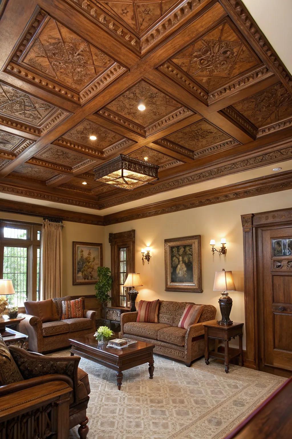 A living room showcasing a beautifully patterned coffered ceiling.