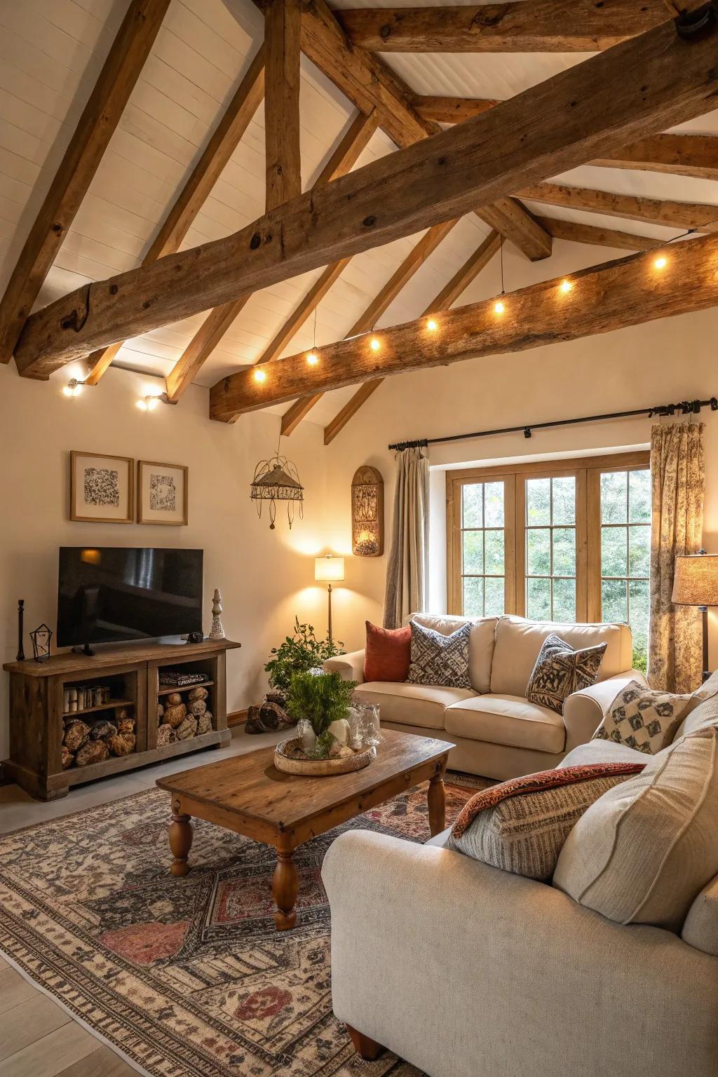 The spotlight is on rustic charm with exposed wooden beams, creating an inviting ambiance in this area.