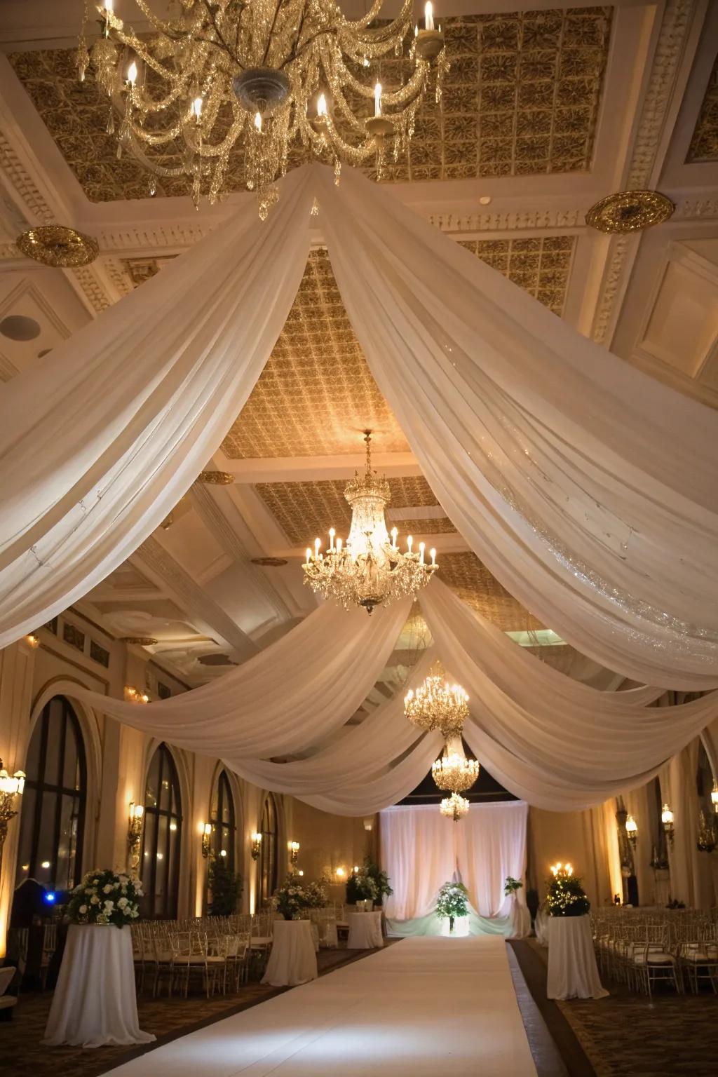 Draped fabrics create a soft, romantic ambiance.