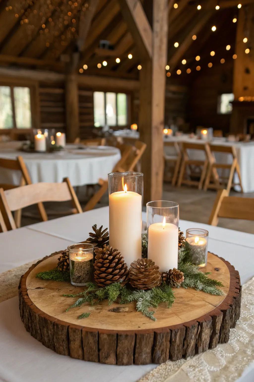 Down-to-earth charm using a timber round centerpiece base.