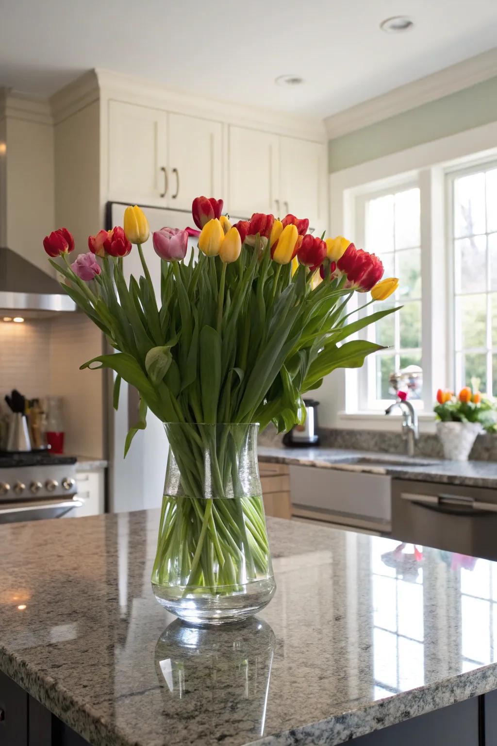 Brighten up your kitchen island with a vase of seasonal tulips.