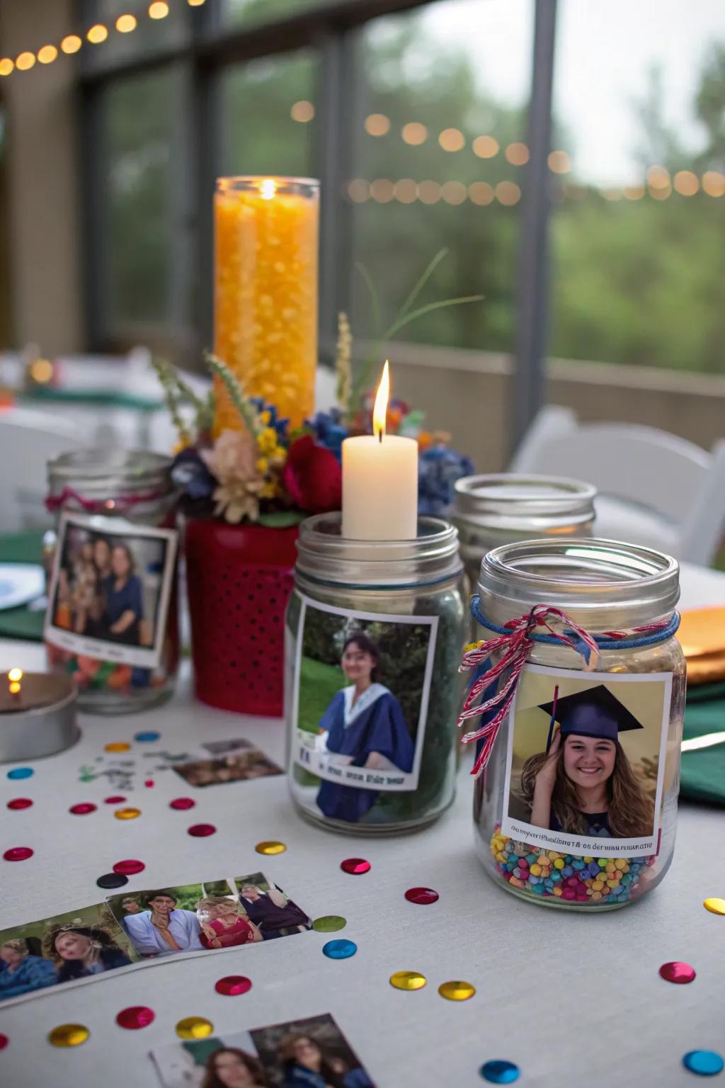 Preserving jars filled with treasured photos create heartfelt centerpieces.
